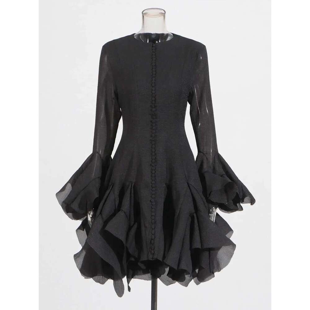 TWOTWINSTYLE Solid Slimming Spliced Folds Dresses For Women Round Neck Long Sleeves Patchwork Buttons Dress Female Clothing New