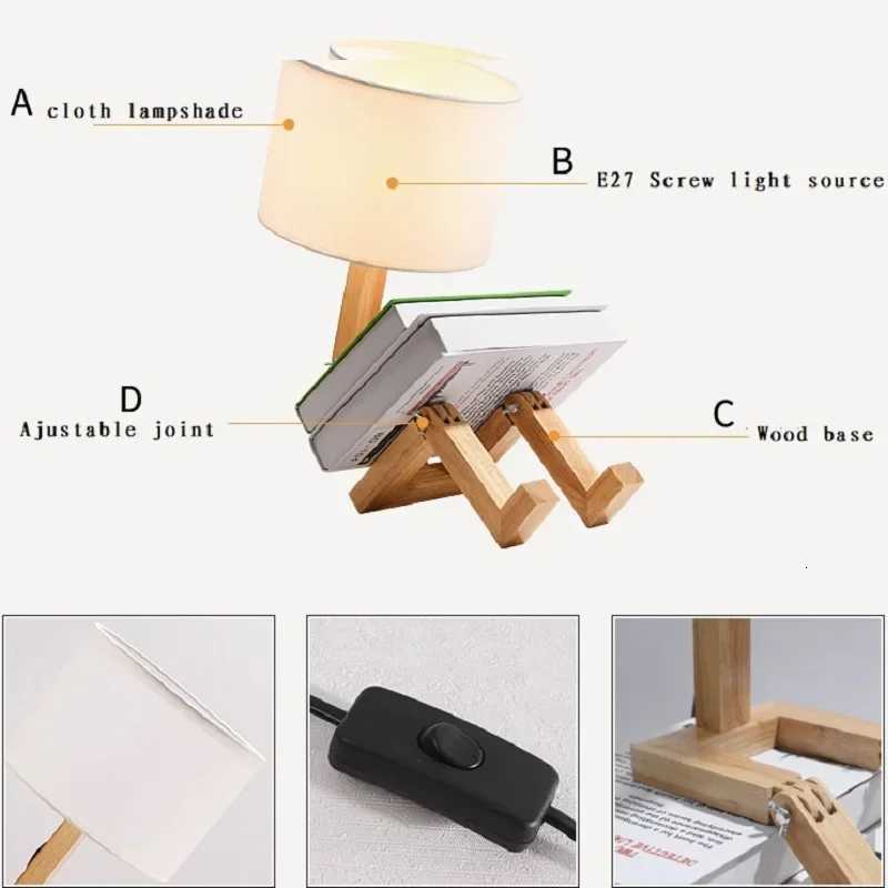 Adjusted Robot Shape Table Lamp E27 Wooden Fabric Bedroom Lamp Fold-able Desk Light for Living Room Study Room Drop Shipping M251114