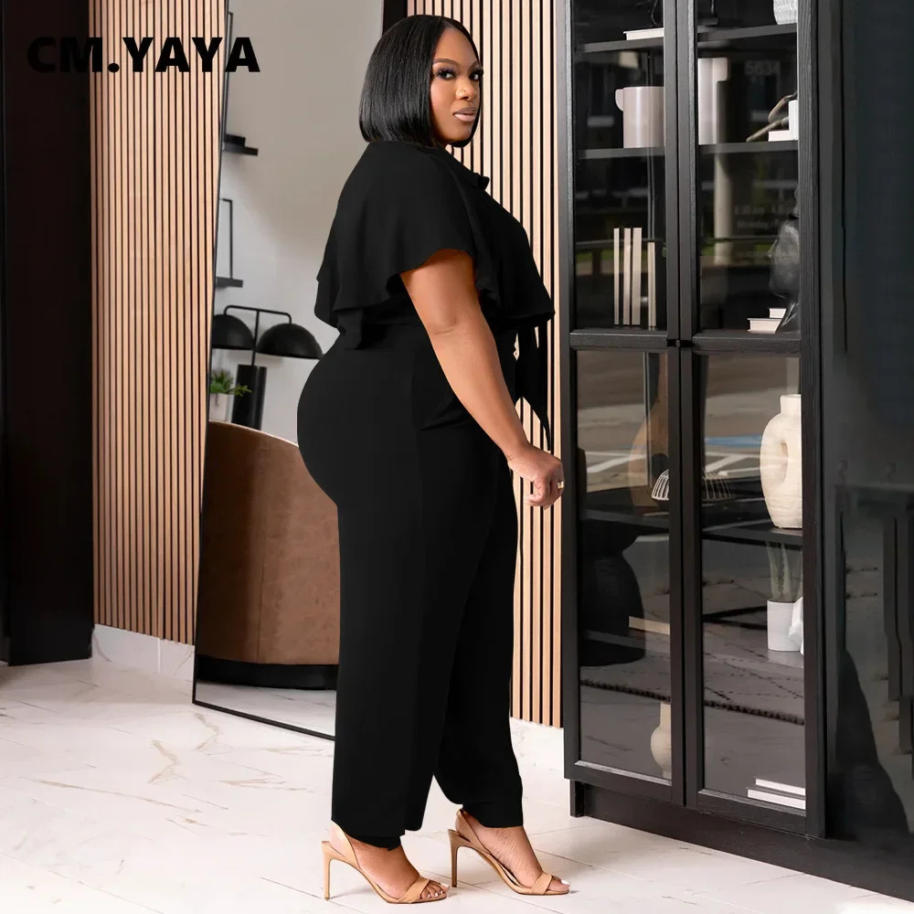 CM.YAYA Elegant Plus Size Loose Womens Set Tie Crop Ruffles Top pencil Pants Suits Streetwear Tracksuit Two 2 Piece Set 250410