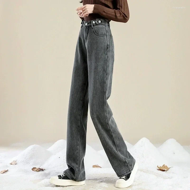 Women's Jeans Padded And Thickened Korean Female 2025 Winter Warm Outer Wear High Waist Drape Thin Straight Pants Women Z260313