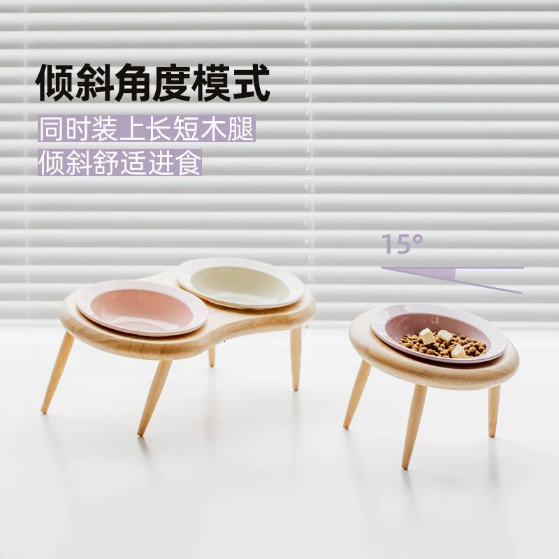 Beautiful ceramic oak high shelf tableware set small dog double food bowl mini dog water bowl rack cat pink feeder pet supplies 250414