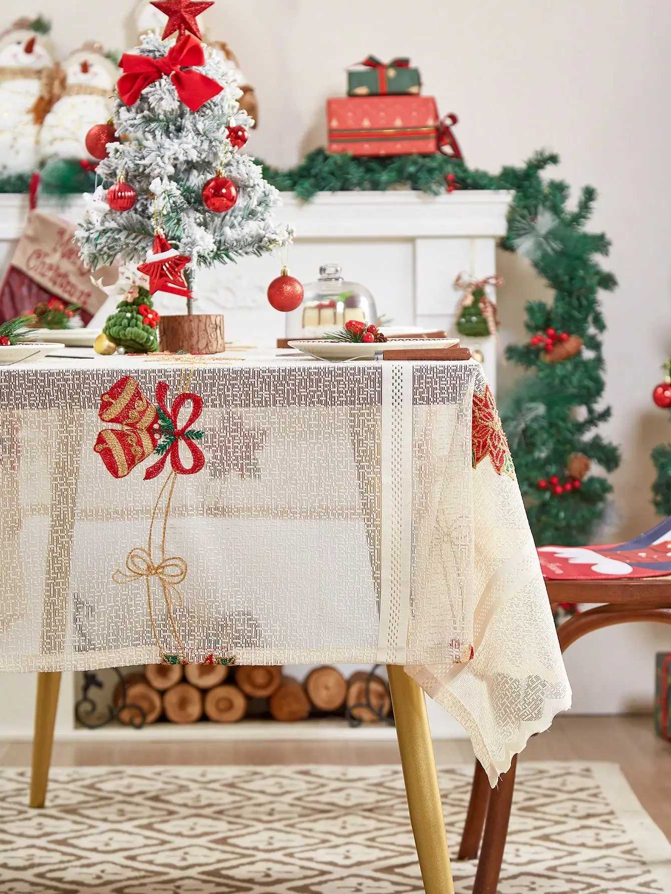 Christmas Beige Christmas Tablecloth Bell Decorations for Home - Red Plaid Christmas lace tablecloth Y251113