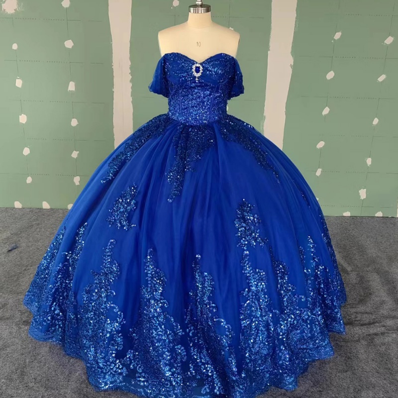Royal Blue Quinceanera Dresses Off Shoulder Ball Gown Sweet 16 Dress Sequin Applique Lace Beads Tull Birthday Party Vestidos 15 Anos