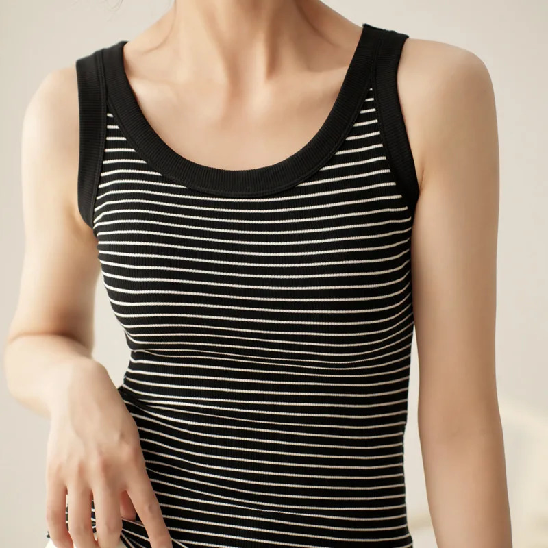 Wxw0433 summer black and white striped vest womens round neck sexy short crop top elastic cotton tight 250414