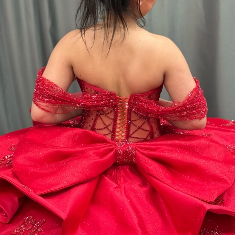 Red Princess Quinceanera Dresses Off Shoulder Applique Beading Crystal Tiered Tull Corset Sweet 16 Dress Ball Gown Vestidos 15 De Anos