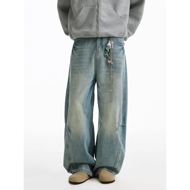 Distressed retro blue jeans mens wide leg Trousers oversized streetwear fashionable casual bag straight 250414
