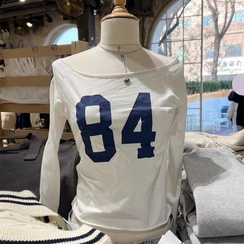 84 Print Raw Hem Long Sleeve T-shirt Woman Scoop Neck Slim Cotton Tee Top Casual Vintage Sweet Cute Streetwear Y2k Crop Tops 250411