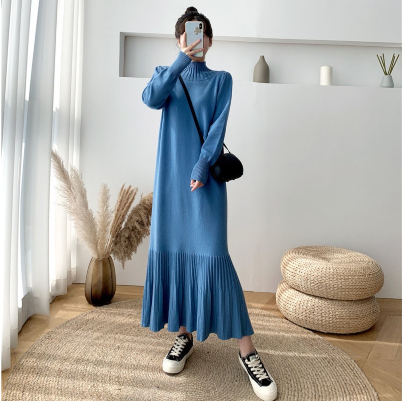 (1270) Knitted Sweater Dress Autumn and Winter Long Loose Large Size Inner Long Skirt Dress