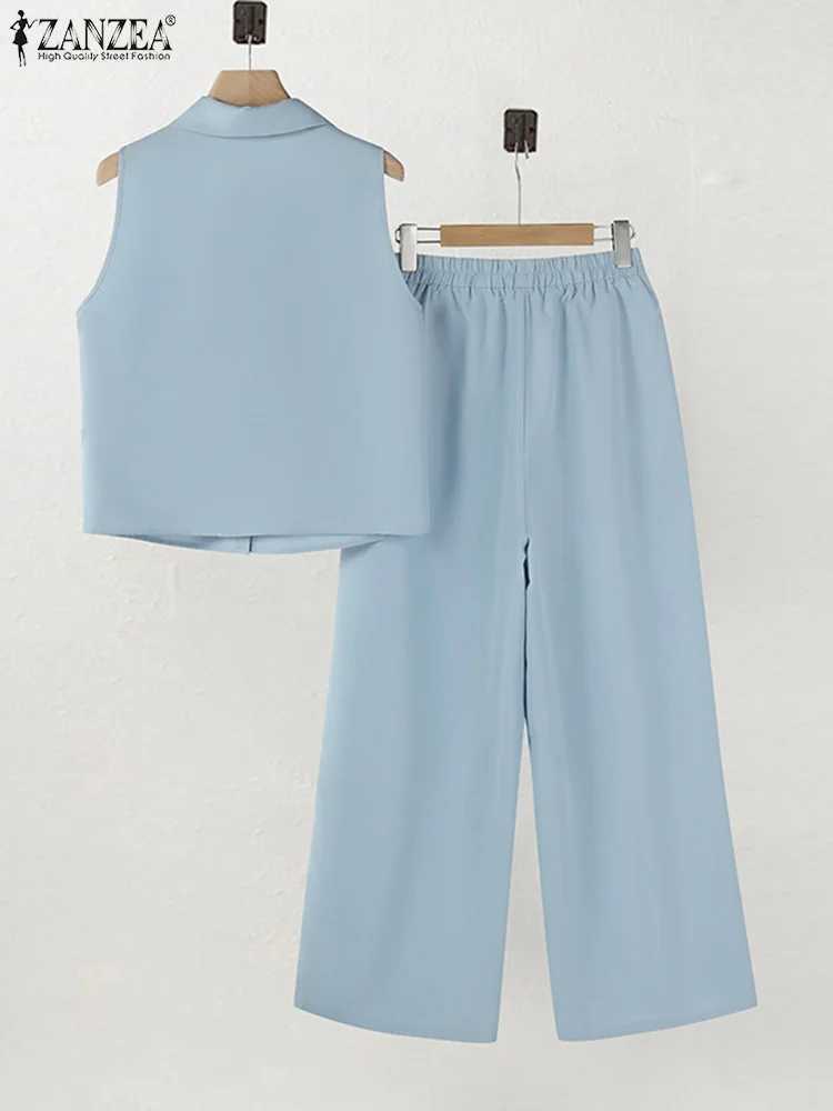 2025 ZANZEA Summer Cashless Shirt Wide Leg Pants Set Ele OL Matching Set 2-piece Womens Dress Casual Loose Mens SetXJ250414