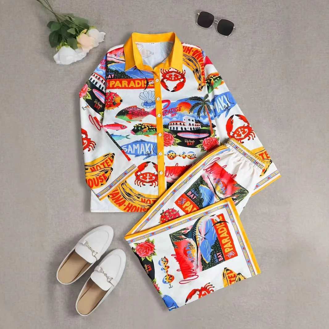 Fashion Printed Beach Holiday 2-piece Womens Spring/Summer Long Sve Top+Wide Leg Womens Oversized 2-piece SetXJ250414