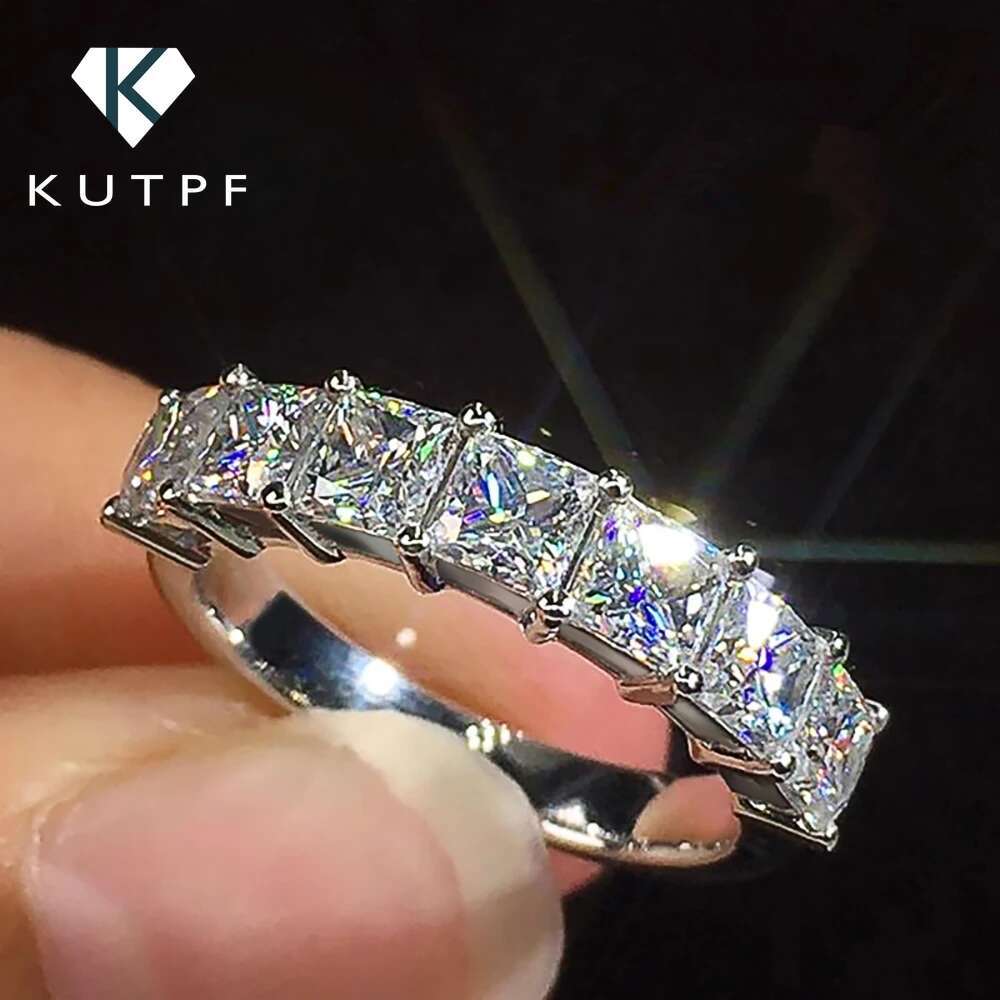 3.5mm Princess Cut Moissanite Diamond Ring for Women Square Shape Half Eternity Band 925 Sterling Silver Bridal Wedding Ring