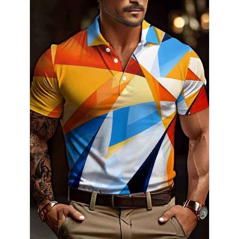 3D printed color geometric polo shirt mens luxury texture pattern T-shirt casual lapel top loose short sleeved street T-shirt W250414