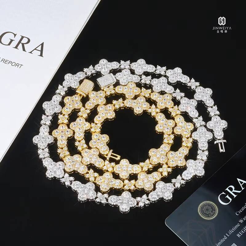 925 Sterling Silver Luxury Fine Jewelry Necklace 10mm Moissanite Cross Link Chain Four Leaf Clover Link Chain