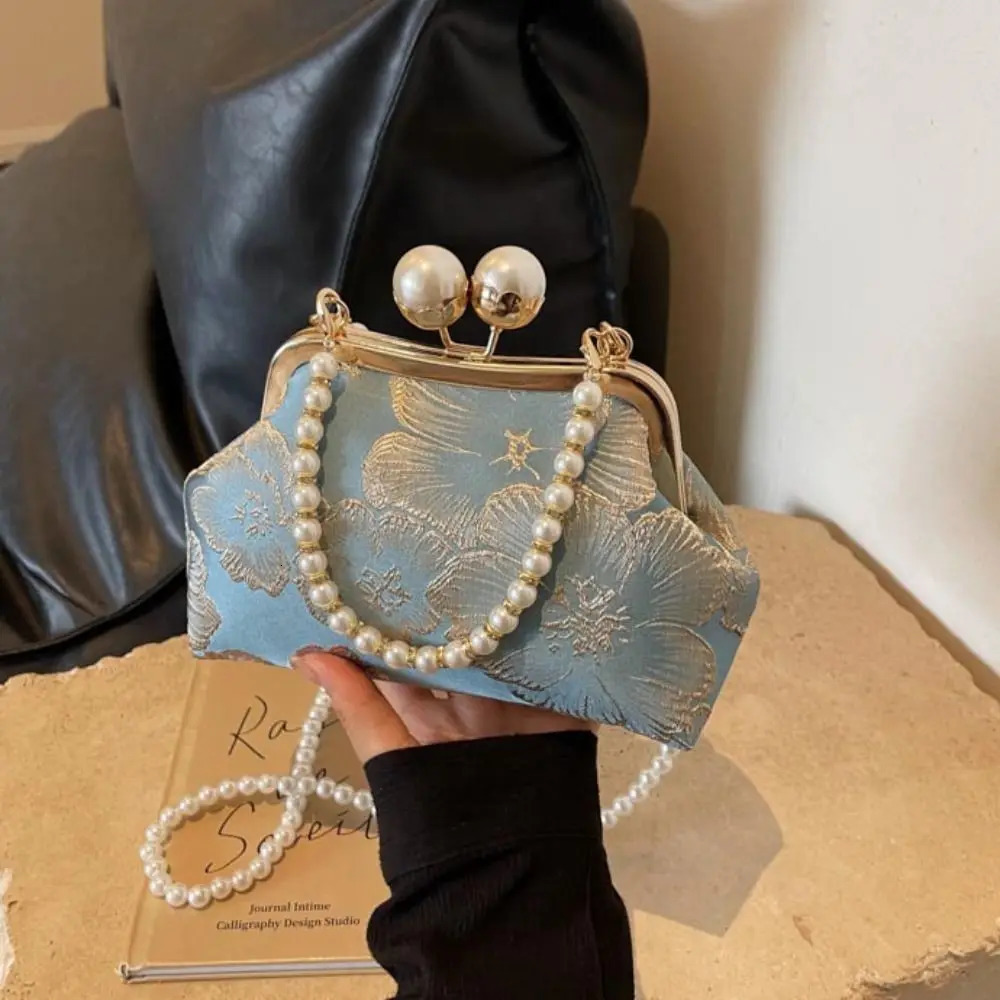 Pearl Chinese style handbag shoulder cheongsam accessories Han Fu clutch bag elegant kissing lock embroidered banquet bag 250411