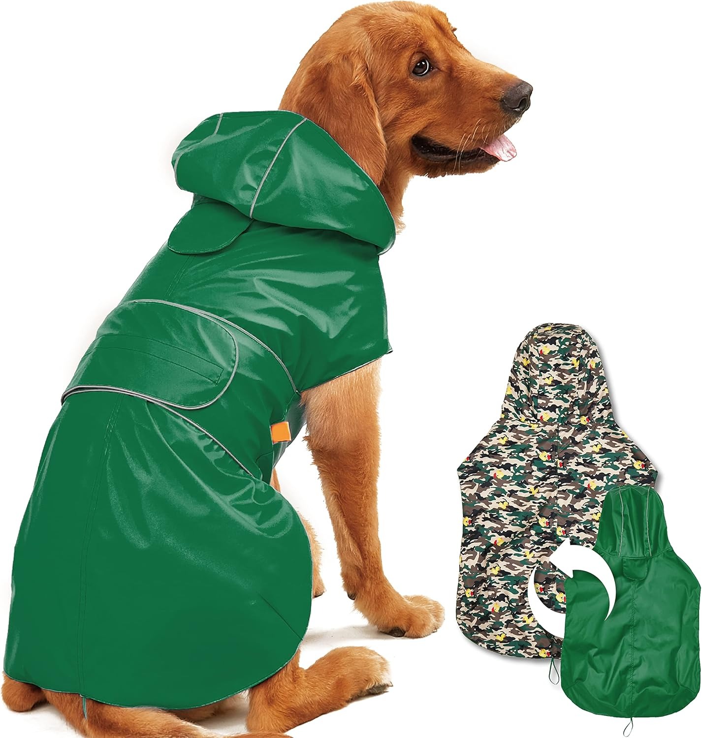 Dog Raincoat Reversible, Single Side Slicker Poncho Adjustable Waterproof Dog Rain Jacket with Leash Hole/Reflective Stripe Hooded Snowproof Windproof