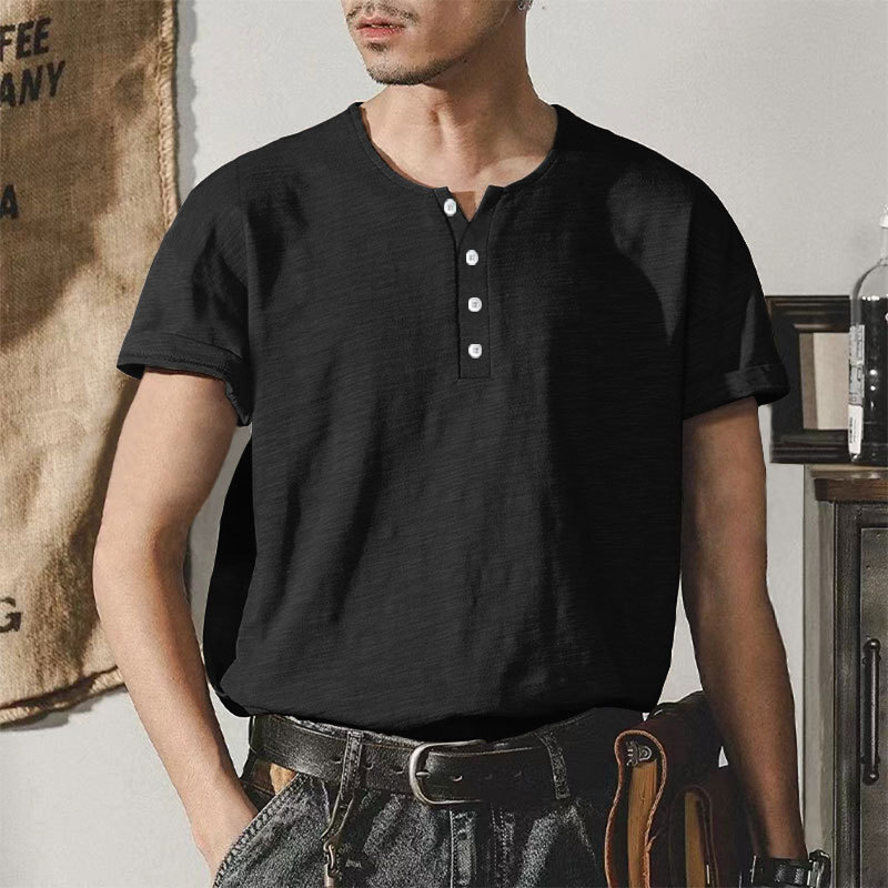Bamboo cotton summer Henry shirt short sleeved casual American plus size solid color round neck men's T-shirt