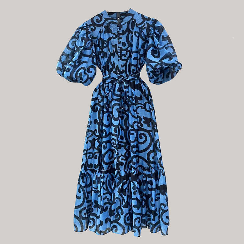 Designer Women's French Style Printed Maxi Dress with Bubble Sleeves - Loose Fit, Round Neck for Summer