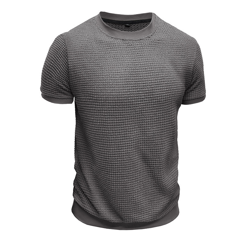 Summer new mens short sleeved knitted T-shirt top with round neck ribbed pullover