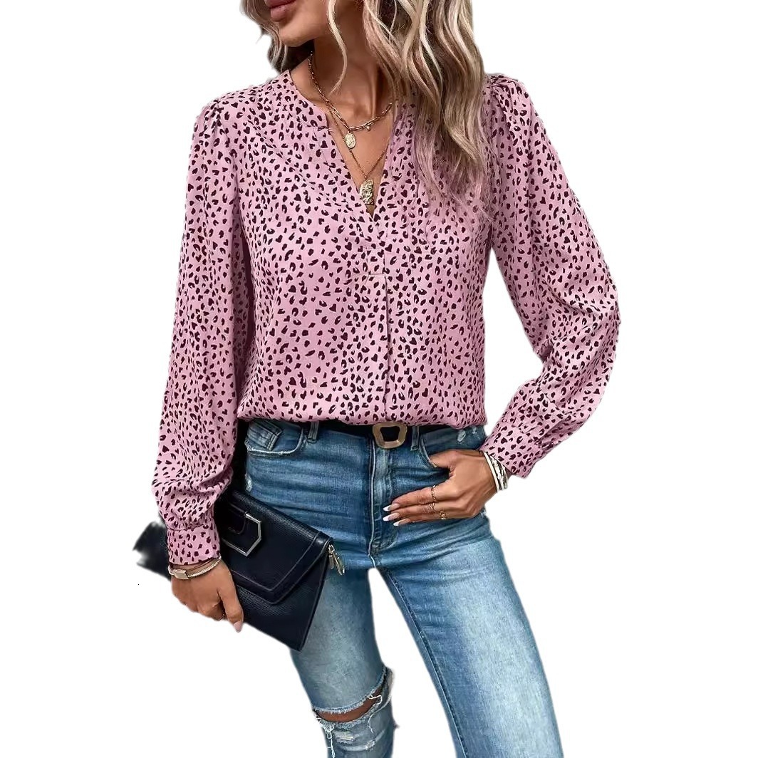 2025 spring/summer V-neck pullover leopard print printed long sleeved shirt, commuter women's shirt