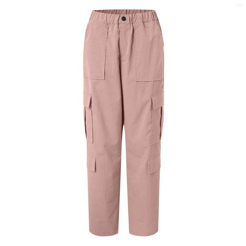 Women's Pants Casual Cargo Elastic Waist Straight Leg Trousers With Buttons Zip Pockets Outdoor Hiking Workwear Solid Color Z260314