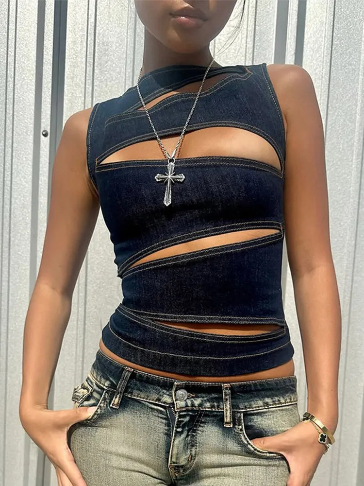 Sexy Hollow Out Denim Vest Women Solid Slim Sleeveless Stand Collar Lace Up Top Female 2025 Summer Y2k High Street Lady Outwears 250411