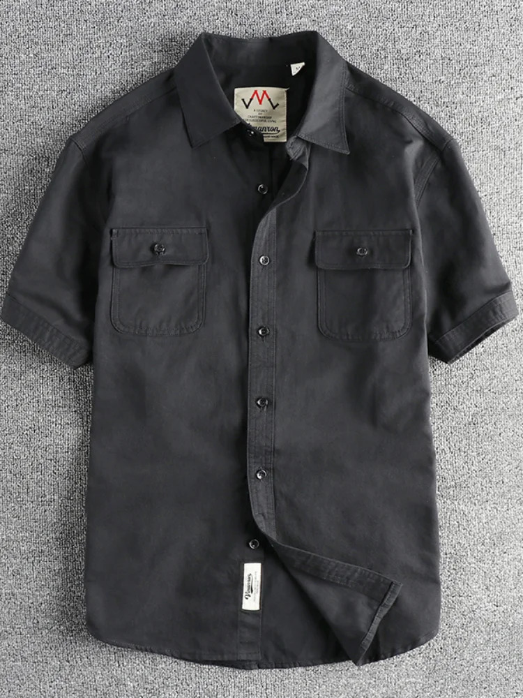 2024 Summer American Retro Short Sleeve Collar Cargo Shirt Mens Simple 100 Cotton Laundry Double Pocket Casual Top 250411
