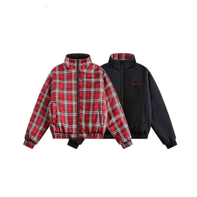 Women's Wear Reversible Parkas Men Women Vintage Color-Blocked Lattice Thickened Jackets Stand-Up Collar Warm Loose Coats Winter Couple Tops