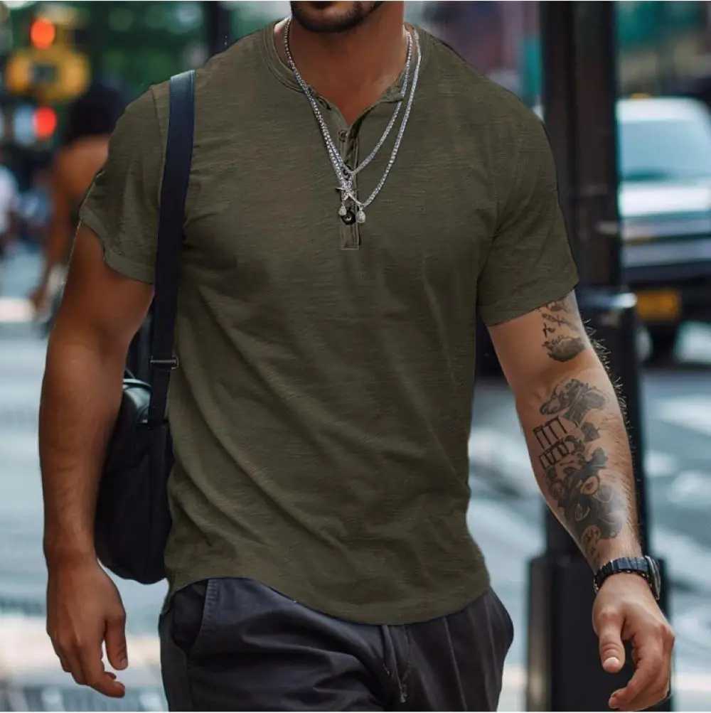 Mens short sleeved polo shirt with tight buttons skin friendly Henry collar sports T-shirt casual solid color fashionable mens clothing W250414