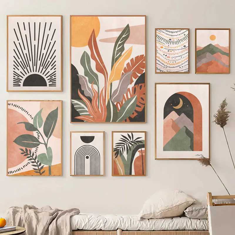 Boho Leaves Sun Moon Rainbow Landscape Wall Art Canvas Painting Nordic Posters And Prints Picture for Living Room Interior DecorM251114