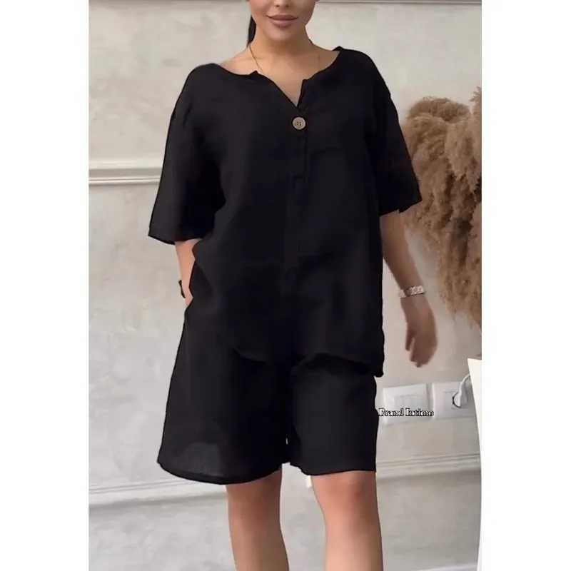 Spring and summer new cotton linen two-piece set for women loose waist V-neck top and shorts set white and pinkXJ250414