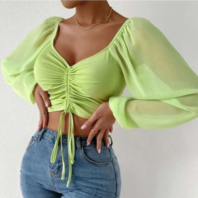 Sexy Mesh Lantern Drawstring Wrap Chest Bare T Shirt Women Long Sleeves Bottoming
