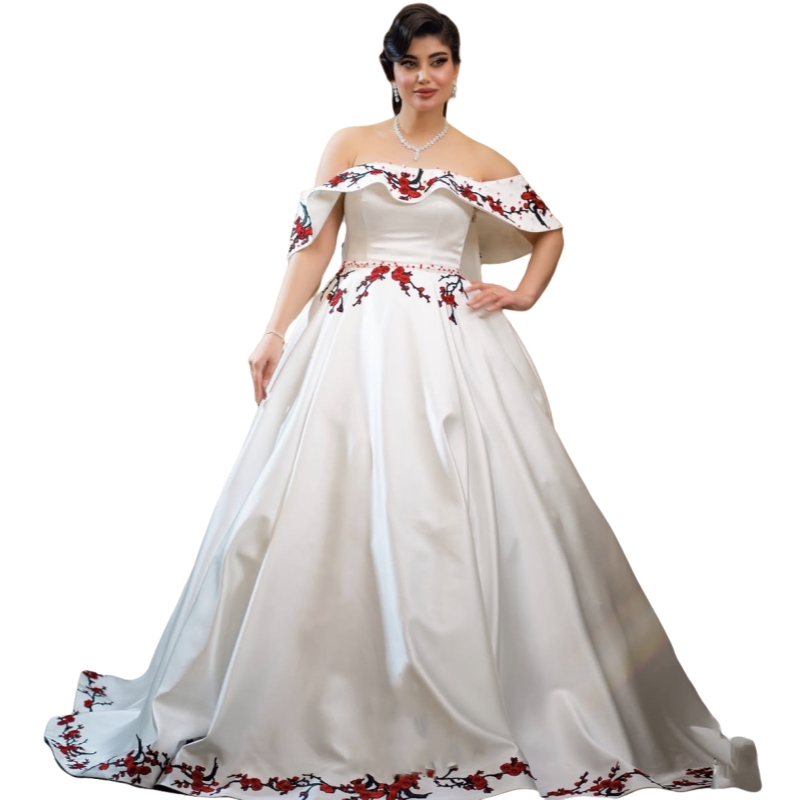 Chic Embroidery Wedding Dresses Off Shoulder Satin Long White and Red Plus Size Bridal Gown Beading Chapel Vestido De Novia 2025