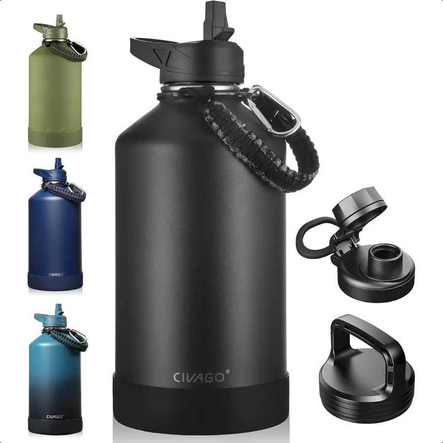 Gallon Insulated Water Bottle Jug with Straw 128 oz Large Stainl Steel Water Flask Big Metal Thermal Mug with 3 Lids for Sports C251114