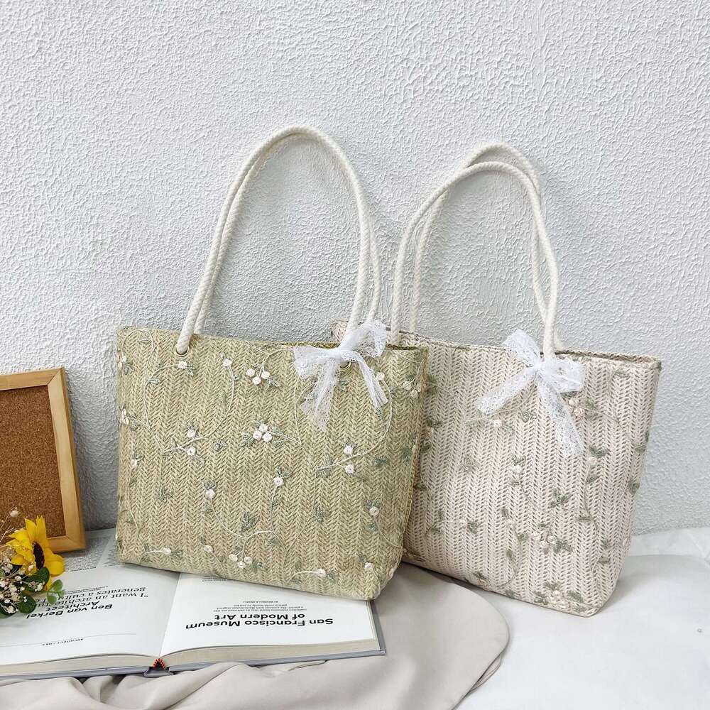 Handmade Beach Bag Grass For Women's New Versatile Small Fresh Bow Tie Lace Portable Shoulder Popular Woven Tote Bag Kq2