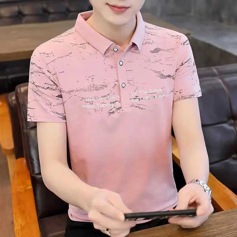 Fashion collar button printed letter short sleeved polo shirt for mens 2024 summer new loose Korean top casual T-shirt W250414