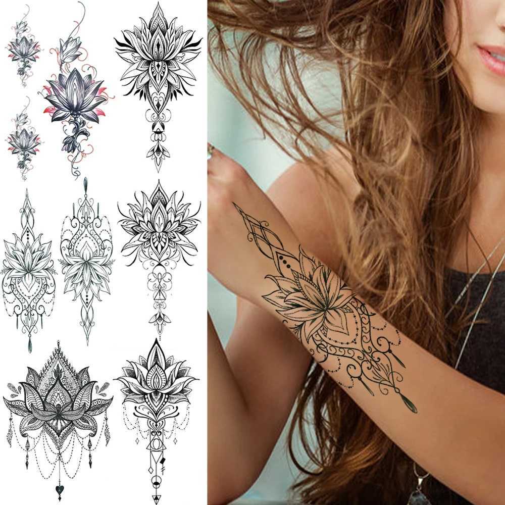 Fingernail Flower Lotus Female Temporary Tattoo Fake Jewelry Chain Black Flower Body Art Abstract Tattoo Stickers Transfer Girl TattooXJ25414