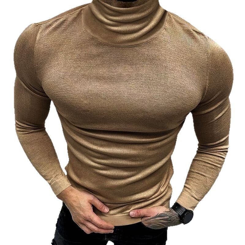 2025 New Men's Solid Color T-shirt High Neck Long Sleeve Spring/Autumn/Winter Base Knitted Sweater Korean Version Hoodie