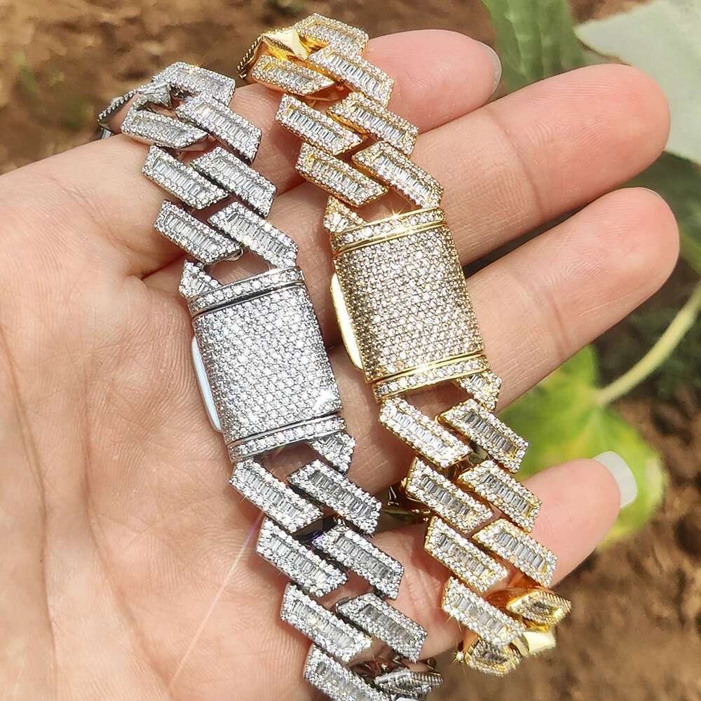 18K Gold Plated Miami Cuban Chain 18mm Iced Out Choker Cuban Link Chain Rectangle Stone Prong Fashion Hip Hop Jewelry For Men