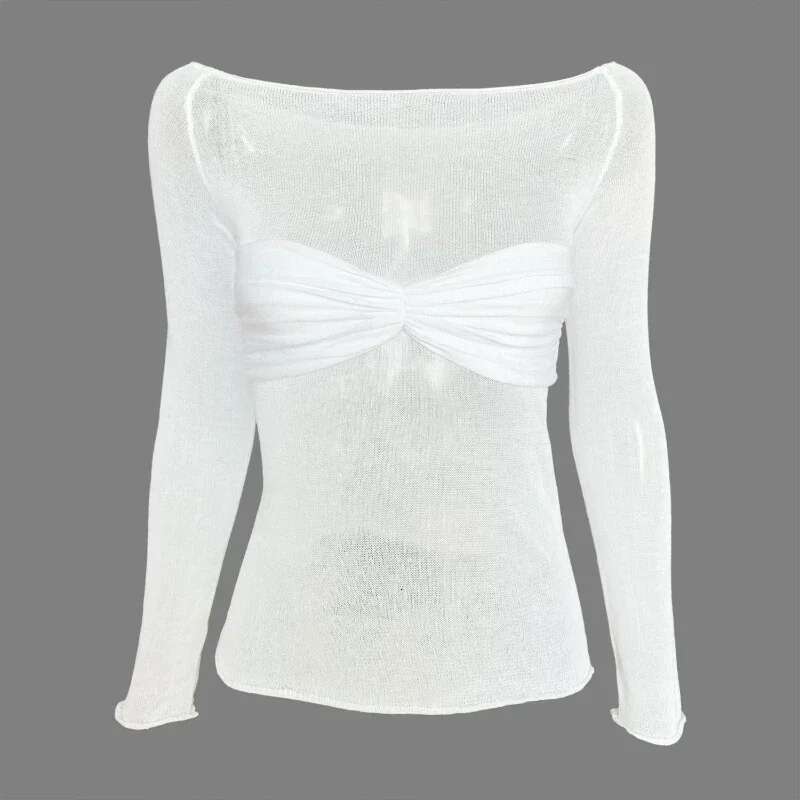Sexy See Through Mesh Women White Off Shoulder Long Sleeve Ruched T-shirt Female Spring Skinny Casual Streetwear