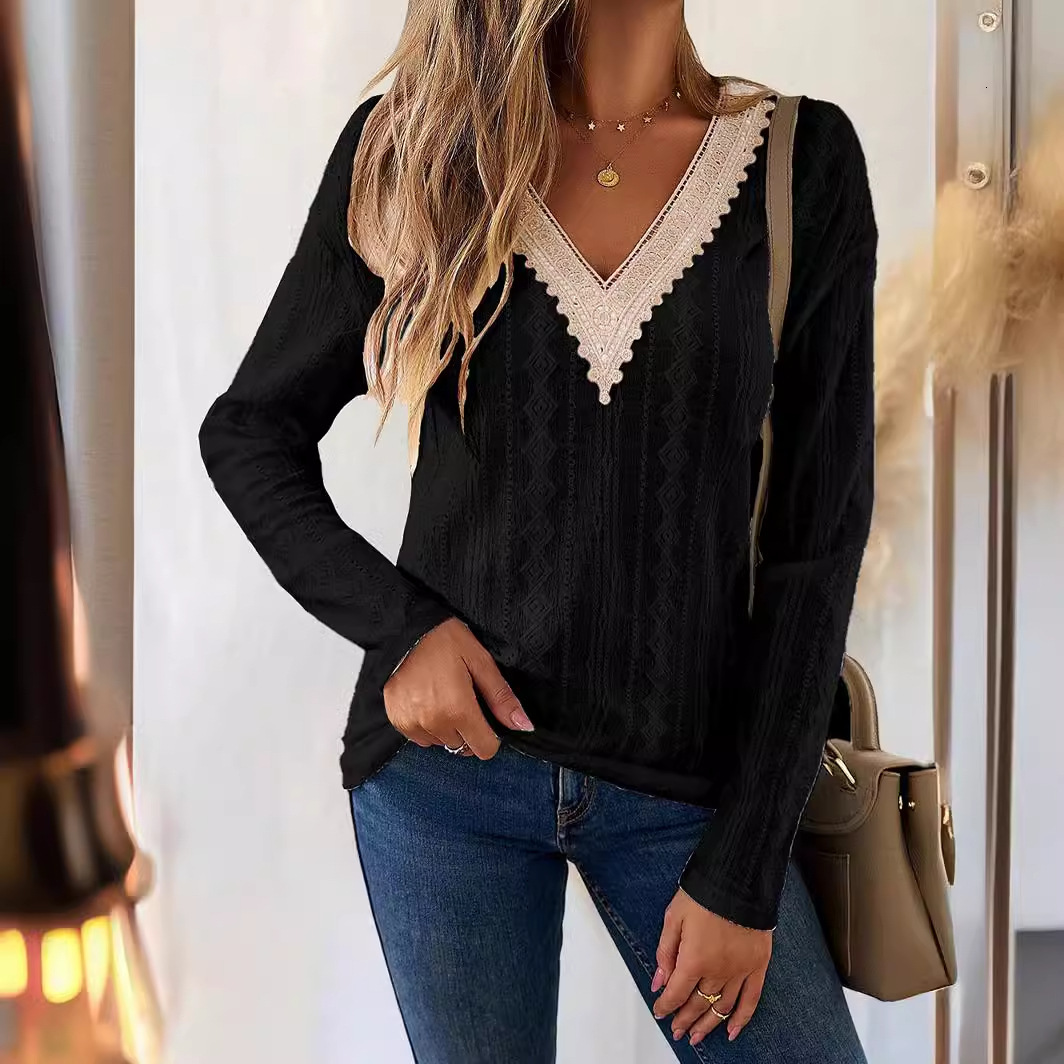 2025 Early Spring V-neck Lace Splicing Jacquard T-shirt with Elegant Casual Women's Top
