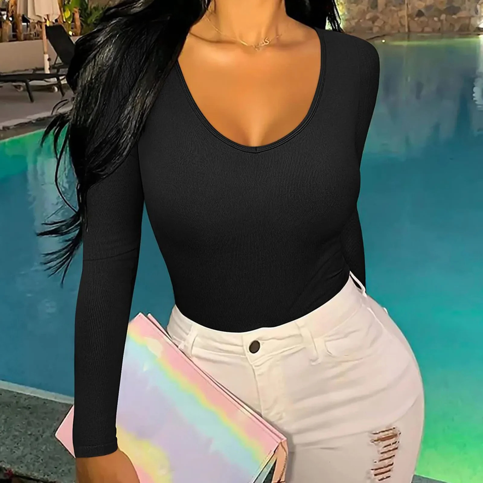 Womens clothing womens sexy knitted underwear staff collar long sleeves legs ultrathin jumpsuit top Ropa strapless 250414Z