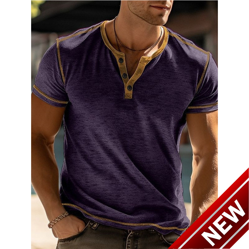 Mens 2024 new summer short sleeved button neck casual small collar T-shirt