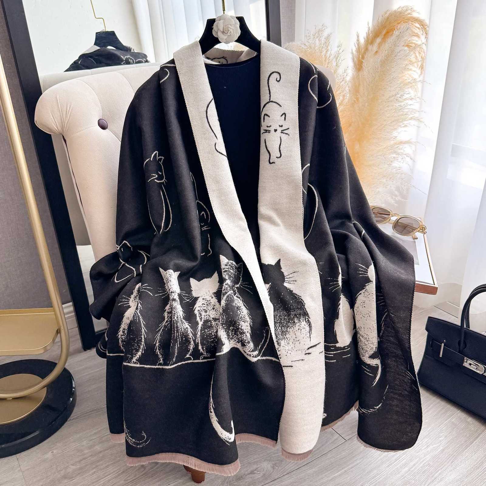 Luxury New Luxury Winter Cashmere Little Cat Print Scarf Women Warm Pashmina Poncho Scarves Fashion Shawl Thick Foulard Bufanda Y251114