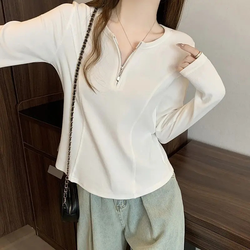 Womens spring and summer casual fashion zipper solid color Pullove womens clothing trend fully matched brushed long sleeves 250407