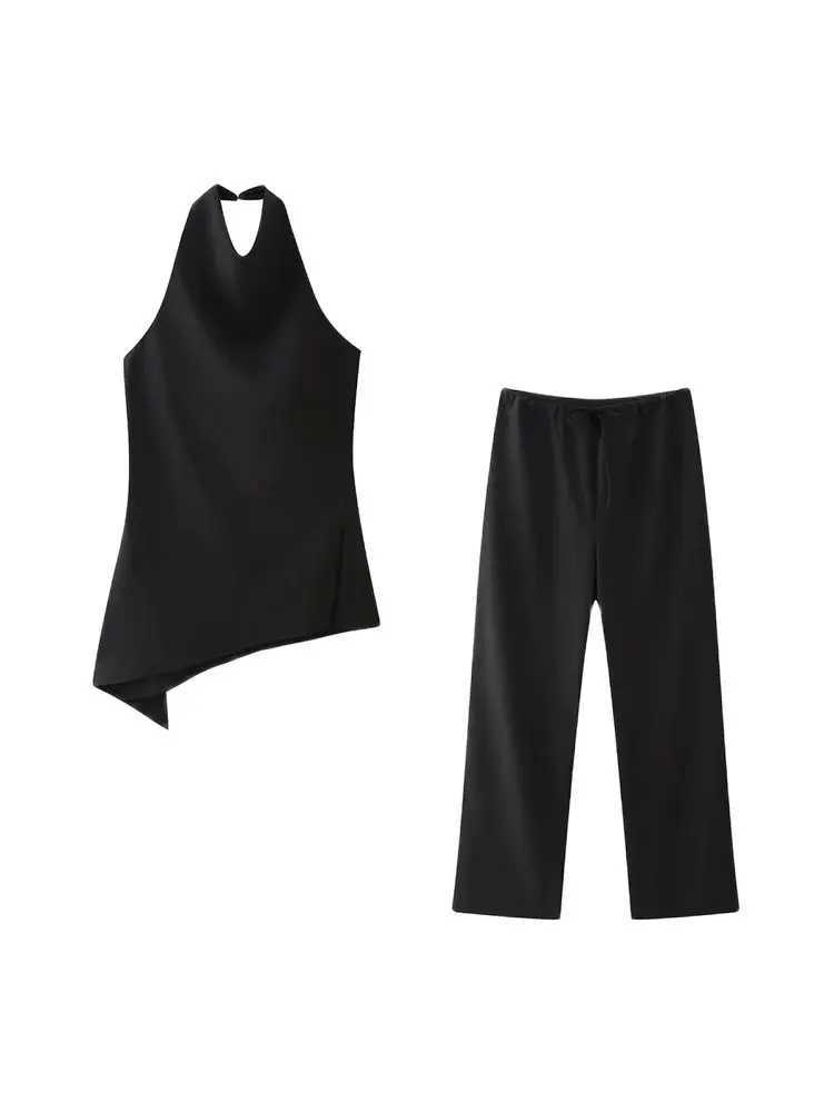 TRZA pleated asymmetrical camisole vest and womens straight pants Fe two-piece set fashionableXJ250414