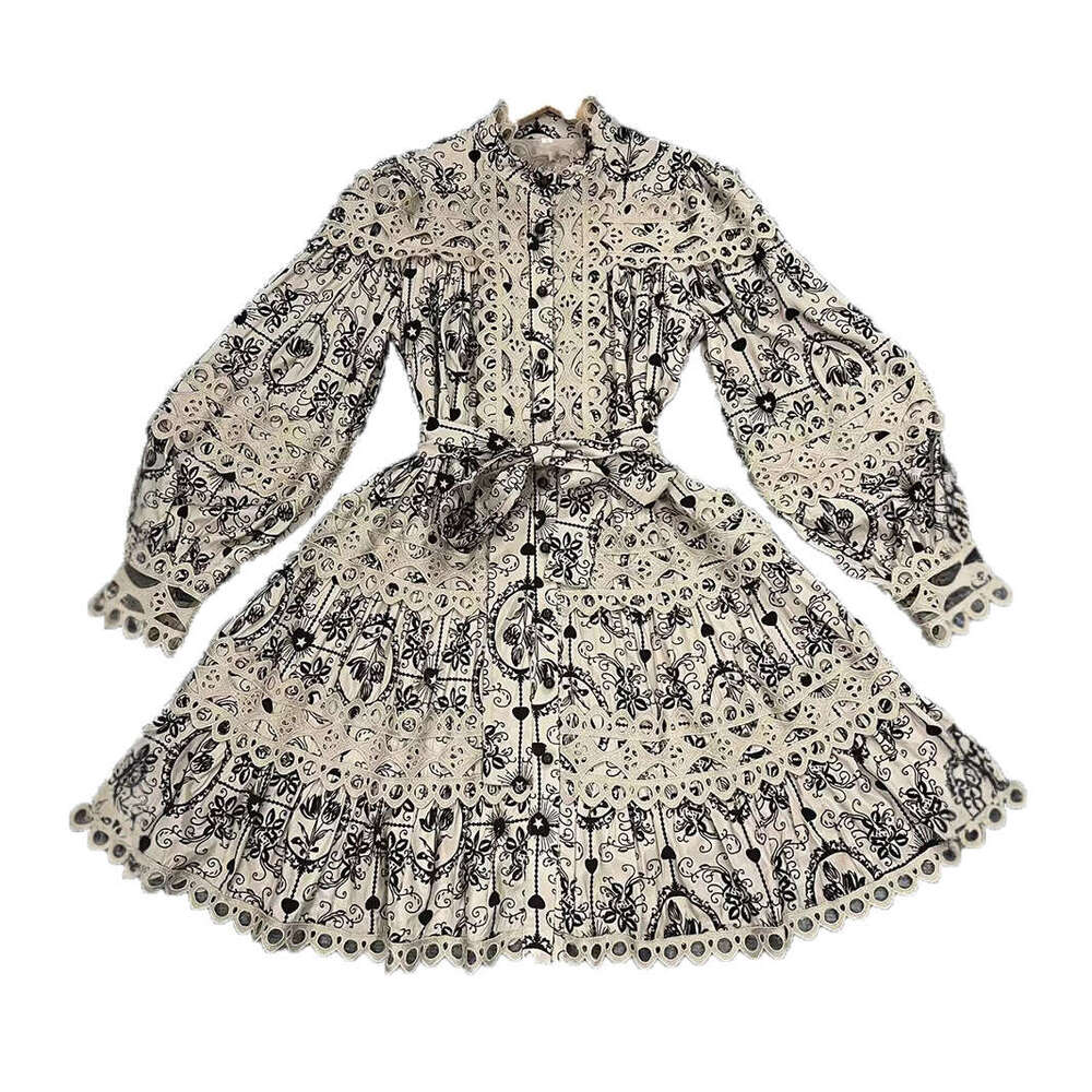 Designer Women's Literary-Style Slimming Short Skirt with High Waist - Hollow Embroidery Detail