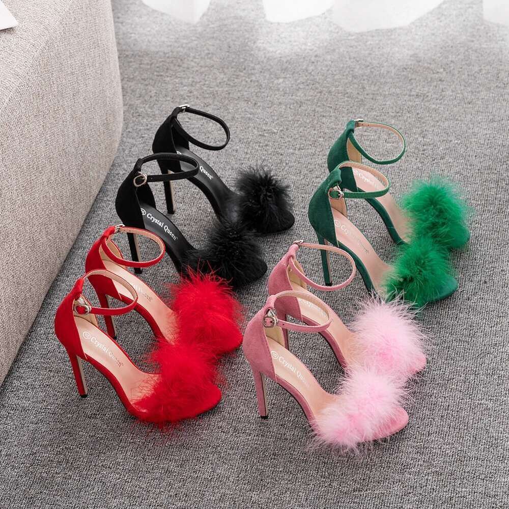 Crystal Queen Women Summer Sandals Fluffy Peep Toe Stilettos High Heels Fur Feather Lady Wedding Shoes Large Size 42