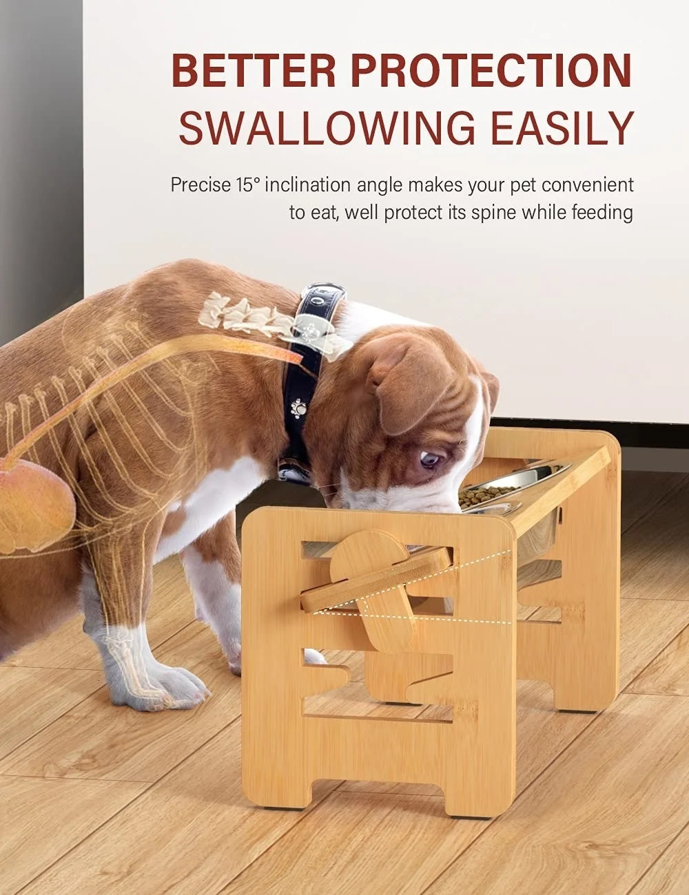 Stainless steel dog bowl with bamboo frame adjustable tilt lift for puppies cats food bowl and pet feeder accessories 250414