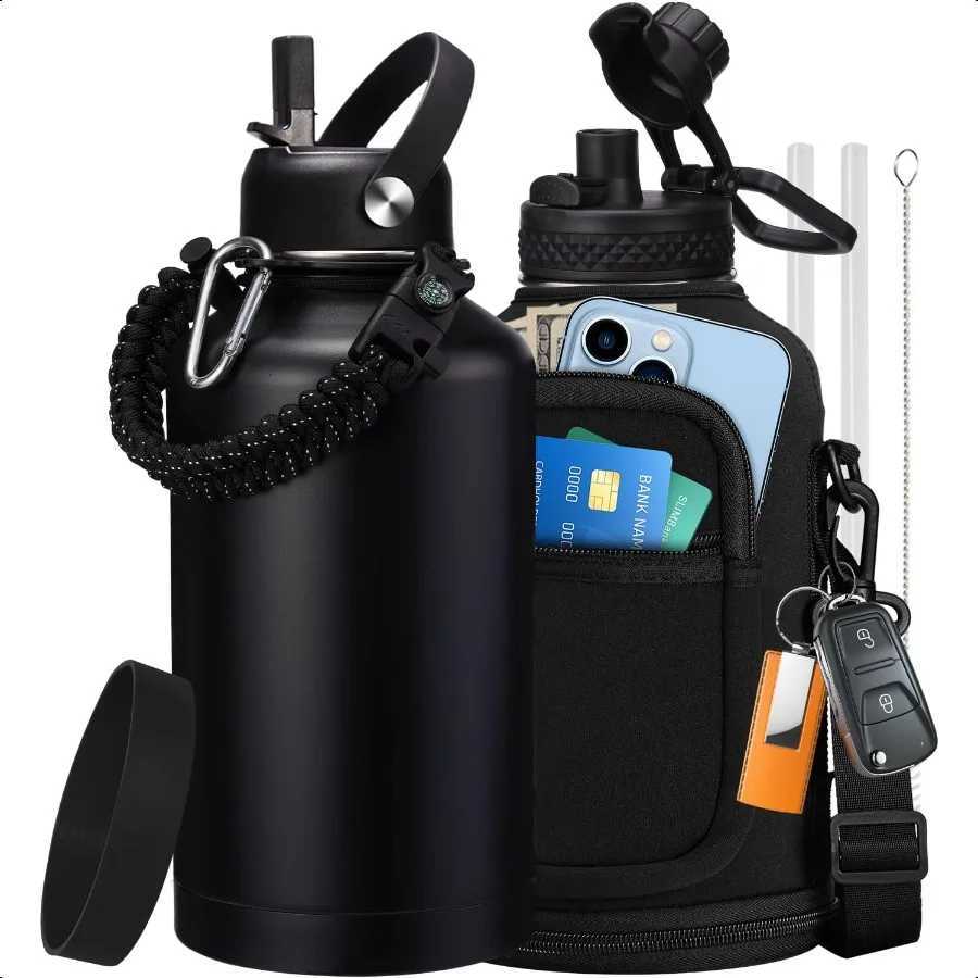 64 oz Insulated Water Bottle with Straw Auto Spout Lids Paracord Handle Half Gallon Waterbottle Strap Carrier Protective Boot W C251114