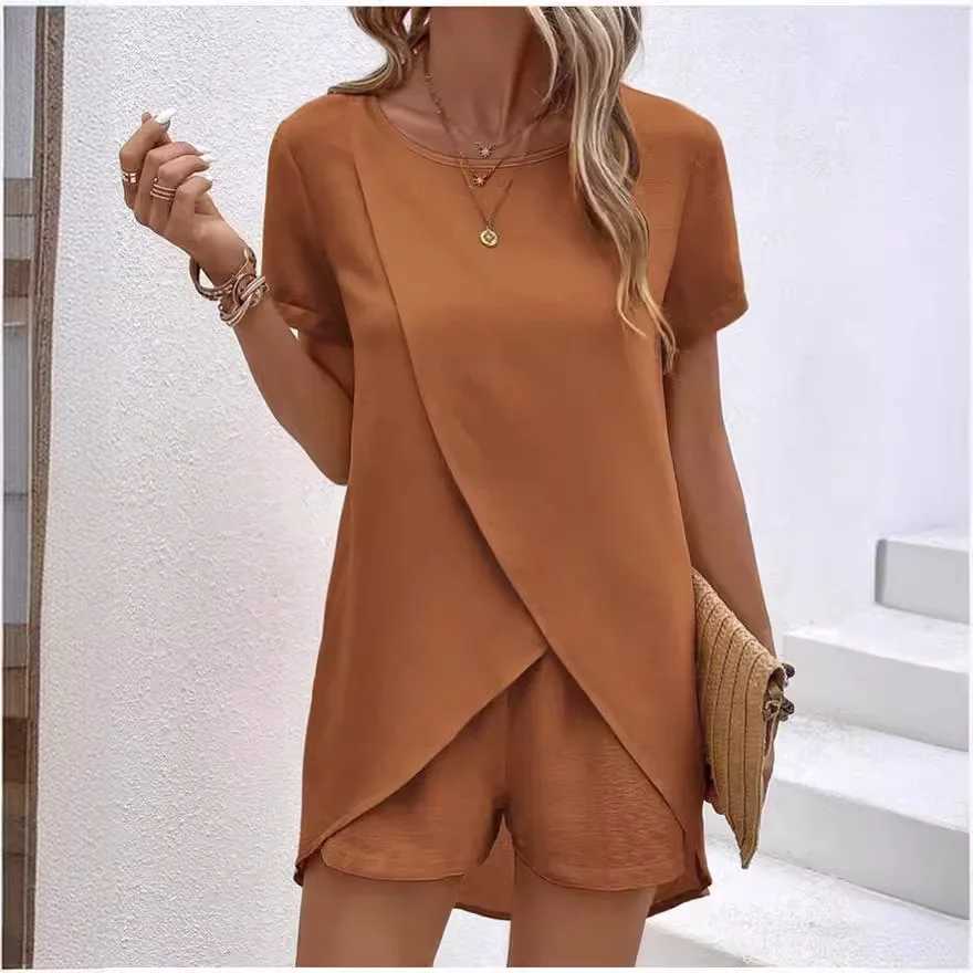 Casual Solid Short Womens 2025 Fashion Round Neck Short Sve Irregular Splicing Top Elastic Waist Short Two Piece SetXJ250414